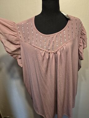 Belldini Cap Ruffle Sleeve Top With Sequence 3X Mauve New